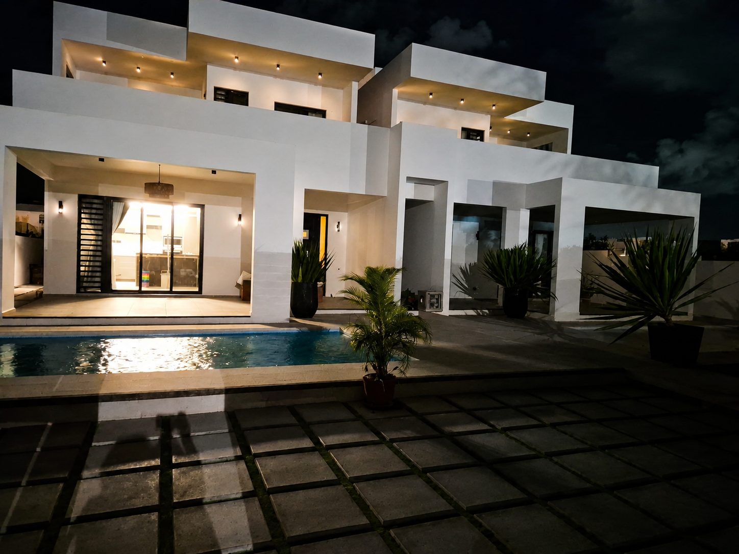 Villa Soleil and Villa Azure illuminated at night, Mont Choisy Mauritius